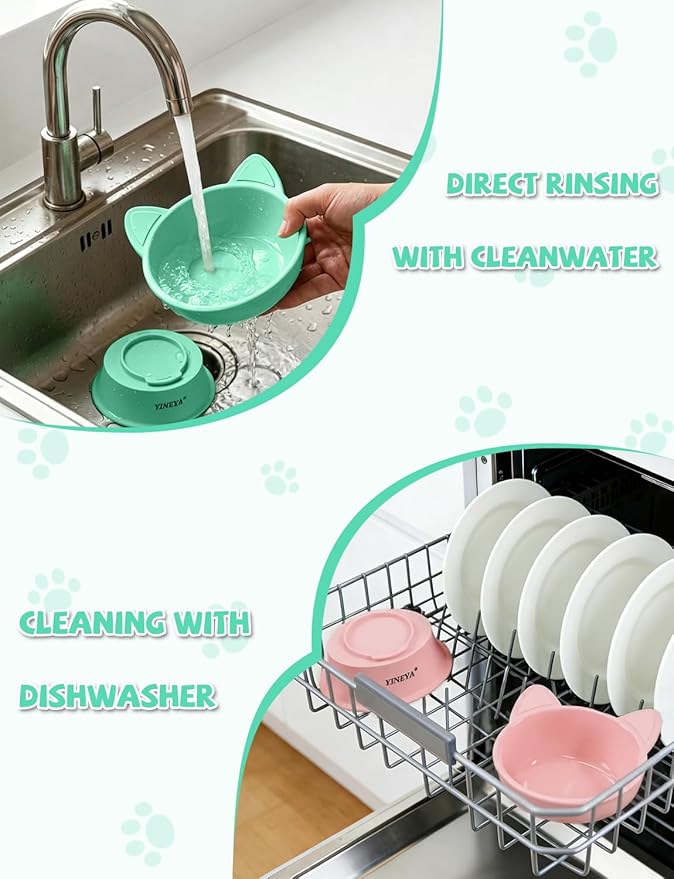 YINEYA Elevated Cat Bowls 2 Pcs, Cat Food Bowl to Protect Neck & Anti-Vomit, Whisker-Friendly Raised Food and Water Bowls Set for Indoor Cats/Small Dogs, Cute Pet Feeding Bowl 6 OZ Each, Pink & Green