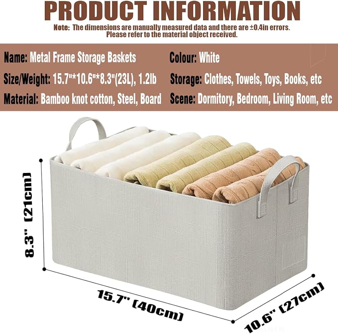 AARAINBOW 4 Pcs Closet Clothes Organizer with Handle, Fabric Storage Box with Steel Frame Stackable Shelf Storage Bins Foldable Fabric Storage Baskets for Organizing Sweater Pants, 23L (B 4 White)