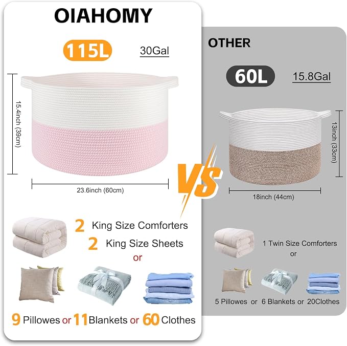 OIAHOMY 115L Extra Large Blanket Basket for Living Room, 23.6" x 15.4" Woven Cotton Rope Laundry Basket for Organizing Pillows, Decorative Stuffed Animal Toy Storage for Nursery, White and Pink