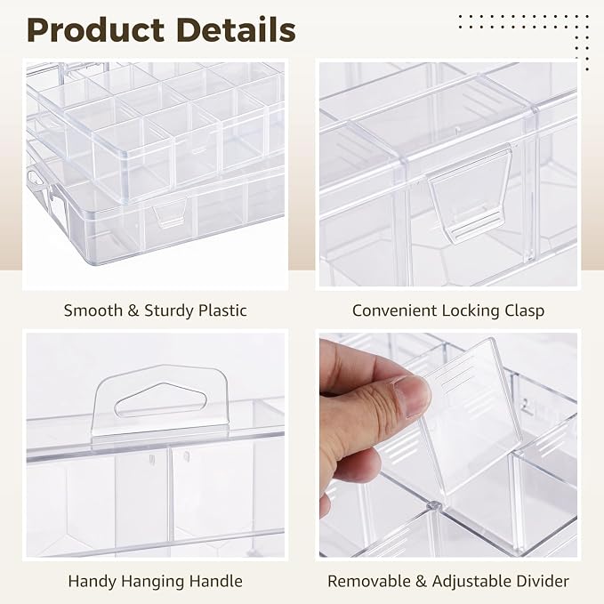 2 Pcs Plastic Organizer Boxes, 24 Grids Clear Storage Containers with Adjustable Dividers, Clear Plastic Organizer Cases for Jewelry, Beads, Findings, Craft Supplies, for Home, Office and Craft Use