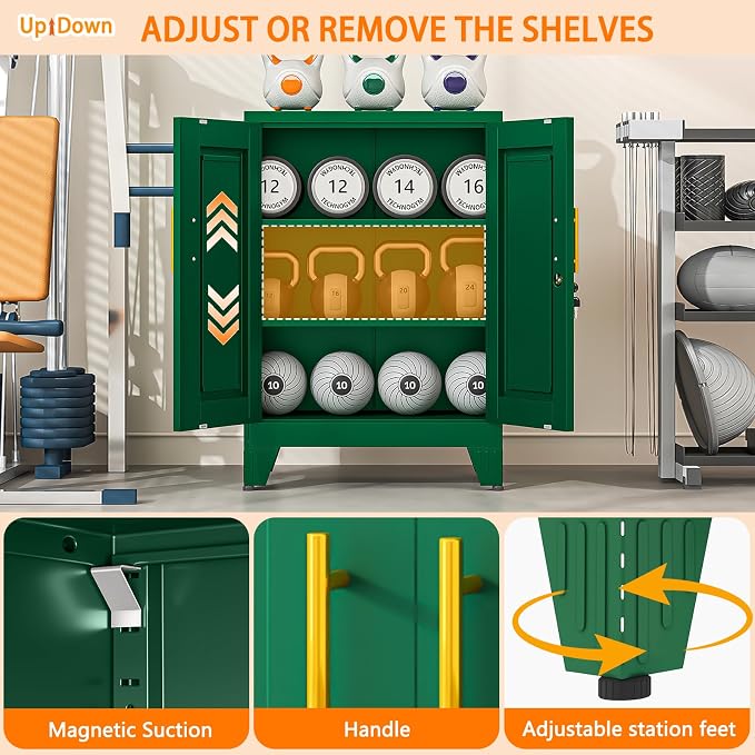 Small Metal Storage Cabinet, Lockable Tool Cabinet with Doors and 2 Shelves | Compact 23.6-Inch Width, 2 Adjustable Shelves, Locking Doors, Magnetic Closure, Adjustable Feet, Cold-Rolled Steel
