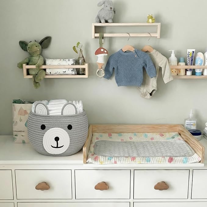 CherryNow Baby Basket for Gifts Empty, Cute Bear Design, Light Grey | 10.5" x 8.5" Woven Rope Baby Shower Basket, Fits Living Room Nursery Décor, Small Gift Baskets Empey for Kids