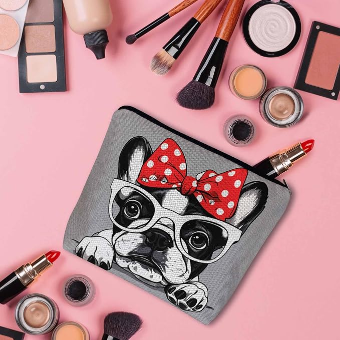 Makeup Bag French Bulldog Makeup Bags For Purse Pouch, Cute Puppy Bulldog Glasses Travel Toiletry Bag Cosmetic Bag Makeup Bags Flax Makeup Organizer Bag Pencil Pouch For Man Woman, Gray
