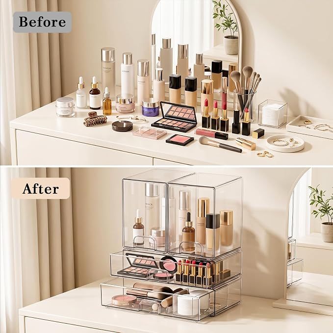 Clear Stackable Storage Drawers: Acrylic Organizer Bins 4 Pack | for Baby Bottle makeup Ideal for Countertop, Vanity, Station, Bathroom, Kichen Cabinet Pantry Organization