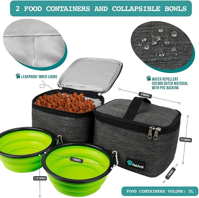 PetAmi Dog Travel Bag Organizer, Pet Supplies Diaper Tote, Dark Gray Large | Pet Travel Kit with 2 Food Containers & 2 Collapsible Dog Bowls, Luggage Sleeve, Weekend Getaway Road Trip Camping Essentials