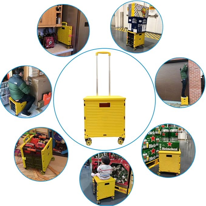 Foldable Utility Cart Folding Portable Rolling Crate Handcart Shopping Trolley Wheel Box with Lid Wear-Resistant Noiseless 360°Rotate Wheel for Travel Shopping Moving Storage Office Use (Yellow)
