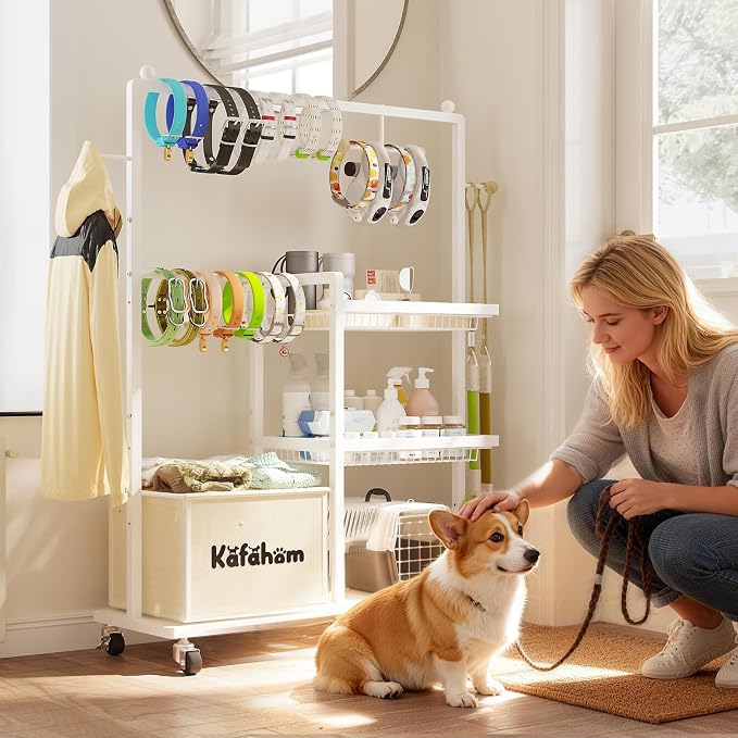 Dog Toy Basket, Basket For Dog Toys Living Room, The Stuff For Dogs, Cat Toy Box, Dog Toy Bin, Toy Chest Storage, All-in-One Pet Supplies Organizer with Leash Hanging Rail and Locking Casters
