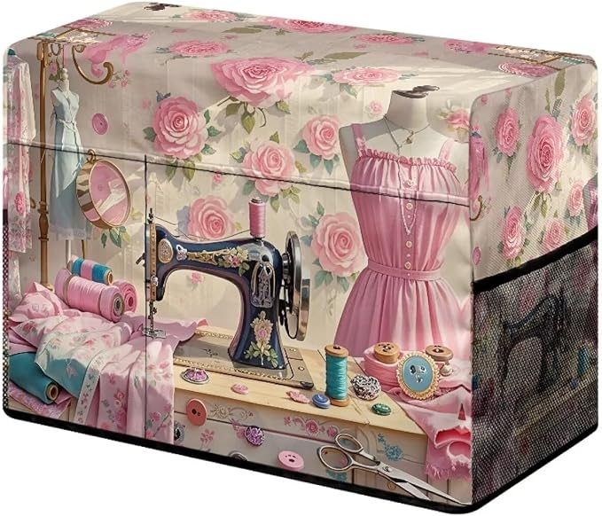 Sewing Element Sewing Machine Cover with Storage Pockets,Dust & Pet Hair Protection,Fits Standard Singer, Brother and Janome Machines, Protecting & Decorating Your Sewing Space (Pink)