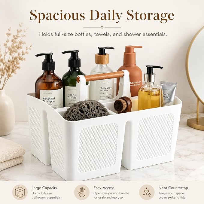 Haundry Plastic White Shower Caddy Basket with 3 Compartments, Portable Divided Bathroom Cleaning Caddy Organizer Storage Tote with Handle for Dorm, College, Room Essentials