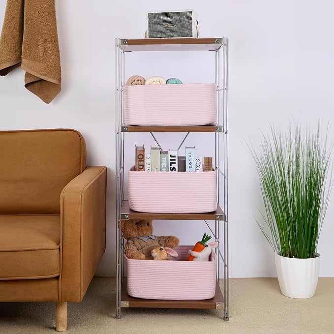 MiniArk Large Storage Baskets for Shelves, 17 x 13 x 7.5” Closet Organizers Bins for Clothes Blanket Towels, Baby Nursery, Toy Baskets Box, Woven Rope Baskets, 3 Packs Light Pink