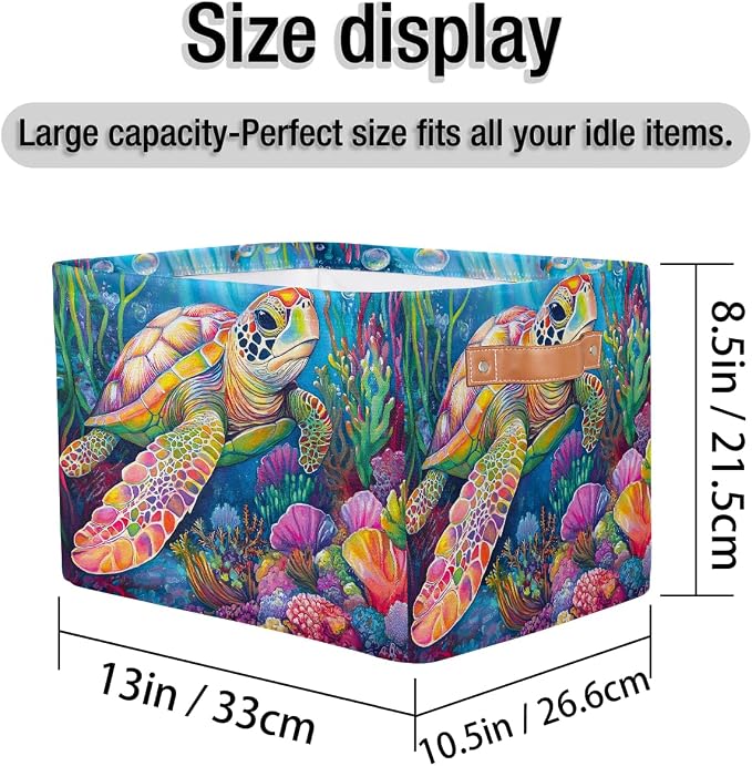 Pardick Colorful Sea Turtle Basket Storage Bins Large Fabric Toys Storage Cube Box with Handles Collapsible Closet Shelf Cloth Organizer Basket for Nursery Bedroom Bathroom Holiday Gift