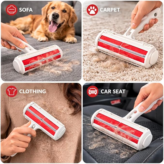 Pet Hair Remover – Reusable Lint Roller with Large Reservoir for Sofa, Carpet, Car Seat, and Clothing – Red