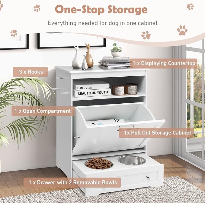 Dog Feeding Station, Dog Food Storage Cabinet w/Double Raised Dog Bowls, Pull Out Design, Large Dog Feeder Station Container for Pets Toy, Feeding & Watering Supplies (White)