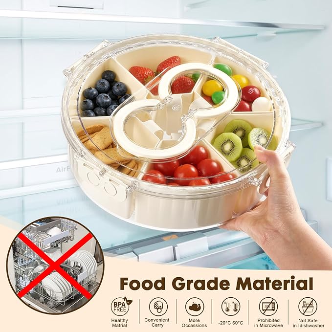 Divided Snack Serving Tray with Lid and Handle，Snackle Box Container for Fruits Candy Organizer，Portable Spinning Rounded Veggie Tray for Kitchen, Party, Trave and Picnic