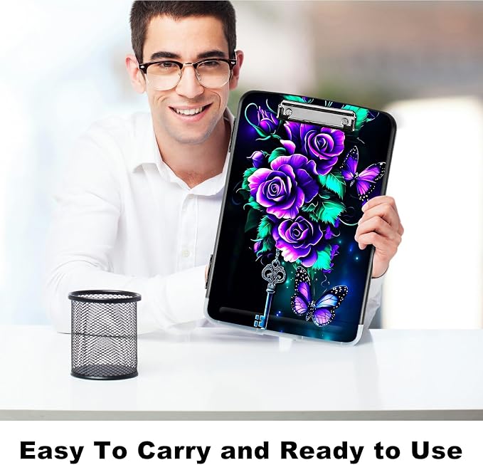 Purple Roses 02 A4 Clipboard with Storage Pen Holder, Clipboards Organizer Nursing Clipboard Foldable File Folder Plastic Clipboard Folio Clip Board for Office Students Classroom Doctor