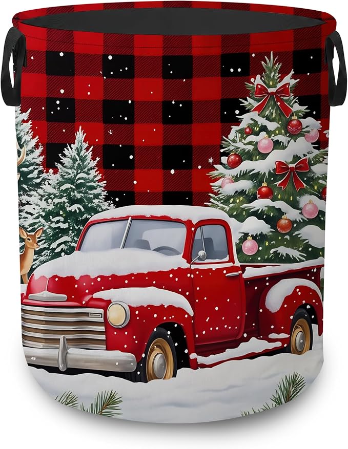 Christmas Red Truck Collapsible Laundry Hamper,Winter Deer Waterproof Oxford Cloth Clothes Basket with Handles for Bathroom Bedroom Nursery Dorm Room,16" x 20"
