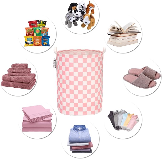 Sea Team Large Canvas Laundry Basket with Handles, Pink Grids | Collapsible Fabric Laundry Hamper, Closet Shelf Organizers, Containers for Clothing, Blankets, Toys, Bedding, 19.7 x 15.7”