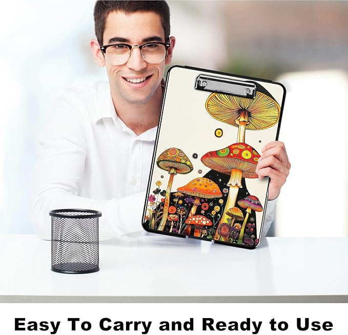 Heavy Duty Storage Clipboard, Slim Nursing Clipboard with Internal Pen Case, Portable File Organizer Case for A4 Letter Size Paper Office Medical Professionals, Mushroom Painting