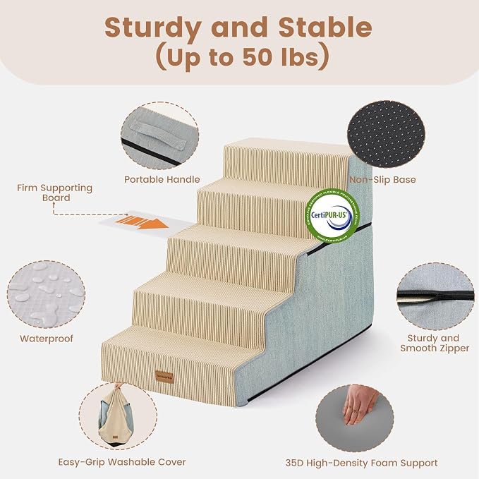 Gardner Pet Dog Stairs for Small Dogs 22.8" H, 5-Step Extra Wide Dog Stairs for High Bed, Pet Steps for Small Dogs and Cats Couch with Durable Non-Slip Waterproof Fabric Cover and Soft Foam, Beige