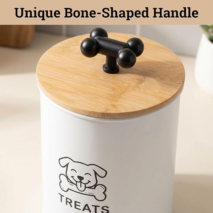 Dog Treat Container Airtight, 4.6"W x 6"H, Powder Coated, 6 Cup Capacity | Fits All Popular Treats, 6 Cup Capacity, Airtight Bamboo Lid, Easy Open Lid, Dent-Resistant Durable Metal Bone-Shaped Handle