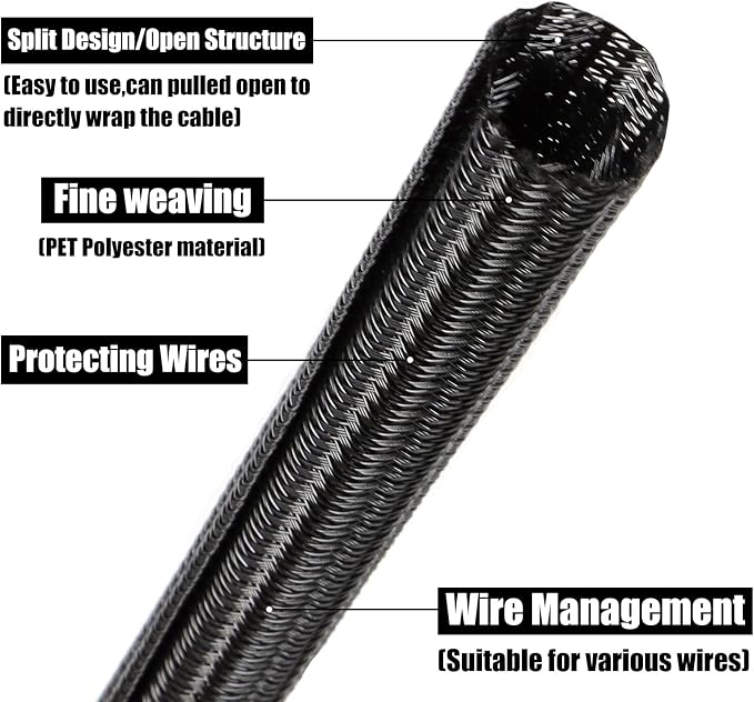 10ft PET Braided Cable Sleeve 2/3 inch(16mm) Wire Protector Cable wrap Wire Covers for Cords Cable Sleeves Cord Management Cable Management Sleeve(Black)