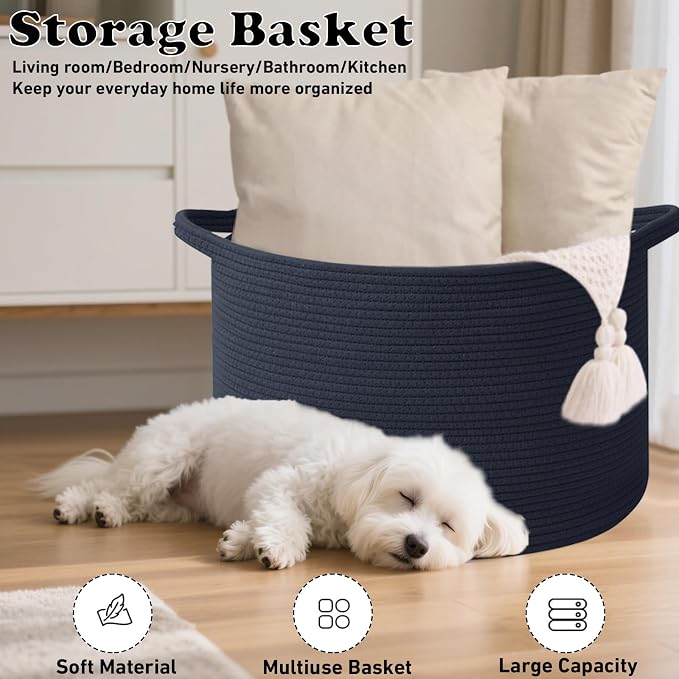 65L Large Blanket Basket,Woven Rope Laundry Basket-Dark Blue | Collapsible, reinforced handles, nursery storage bin organizes clothes, toys and pillows for living room, bedroom bathroom