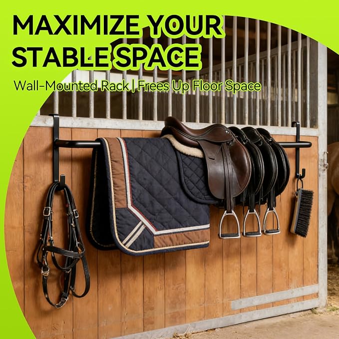 2Pcs Heavy Duty Horse Blanket Rack with Bridle Hooks | No-Drill Wall Mounted Portable Blanket Bar, Saddle Pad Rack for Horse Tack Storage, Ideal for Barn & Tack Room Use, Black