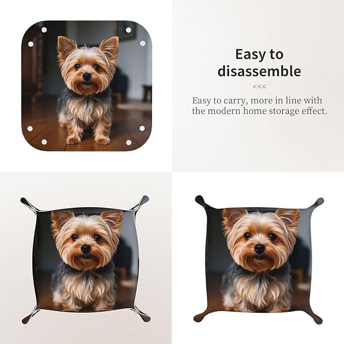 LeatherJewelry Valet Tray for Women Men, Portable Travel Catchall Tray Organizer Dish Plate Cute Pet Yorkie Bedside Vanity Tray Nightstand Caddy Holder for Wallet, Key, Coin