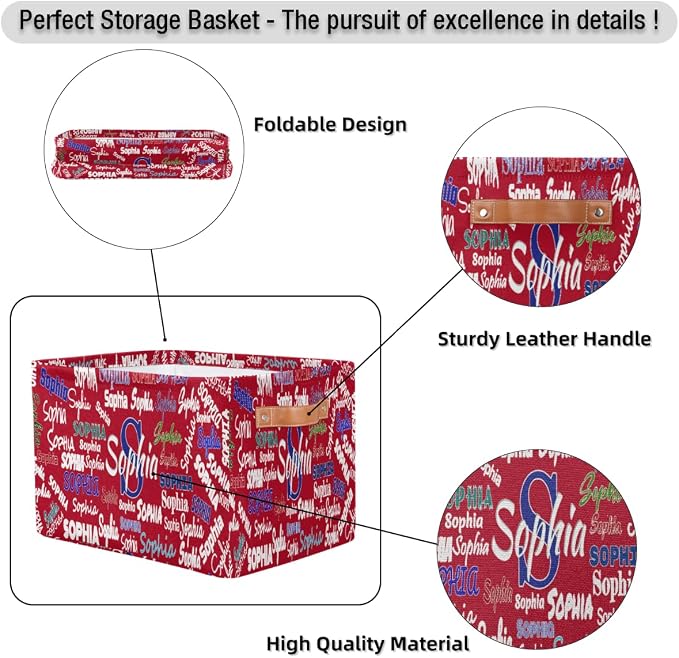 Personalized Storage Basket with Name, Rectangle Toys Storage Bin with Handles for Baby, Boys, Girls, Collapsible Basket for Clothes, Books, Solid Red Color