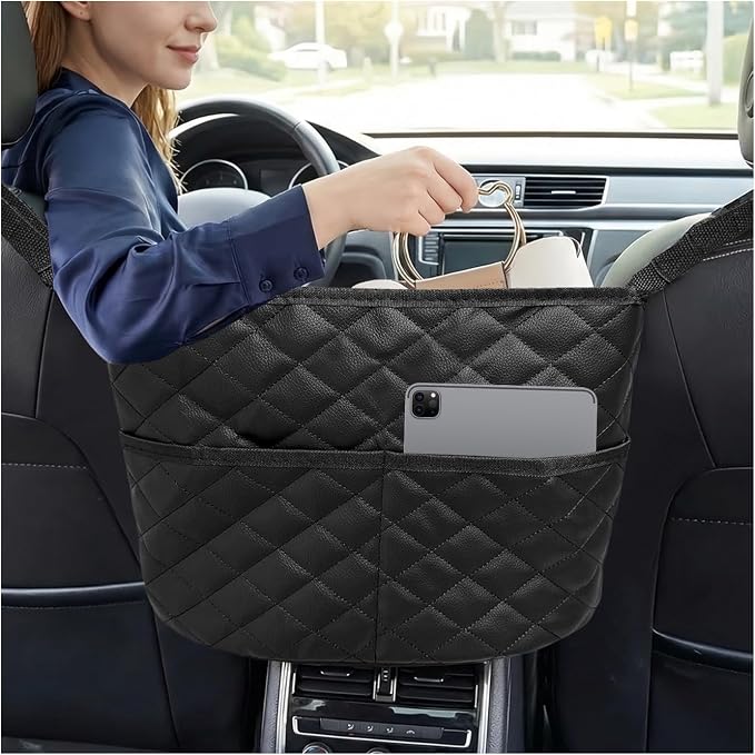 Car Purse Holder Between Seats, Large Capacity PU Leather Auto Front Seat Storage Bag with 2 Extra Pockets, Universal Handbag Organizer Backseat Pet Barrier for SUV Truck RV