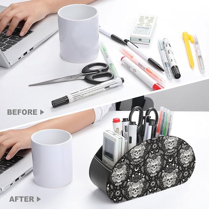 Desktop Remote Control Holder Moon Skull Mushroom Storage Cup Caddy Box | Table Desk Organizers with 5 Compartments, Skeleton Sun Moon Skull Mushroom, Multi-functional Office Supplies