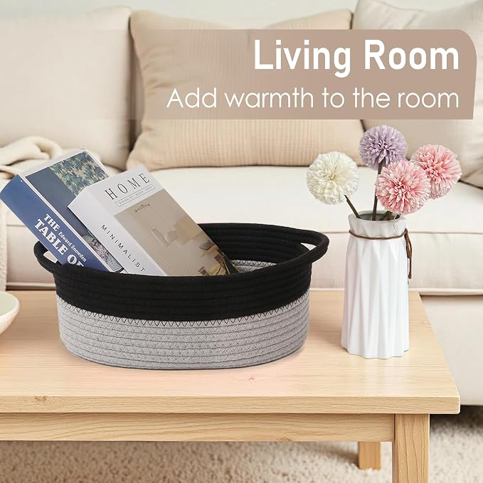 JMvicyroam Small Woven Basket, Empty Gift Basket, Black&Grey/2 Pack | Small Gift Basket, Cotton Rope, 12 x 8 x 79 in, Handles, Includes Ribbon and Bag, Birthday Gift Basket