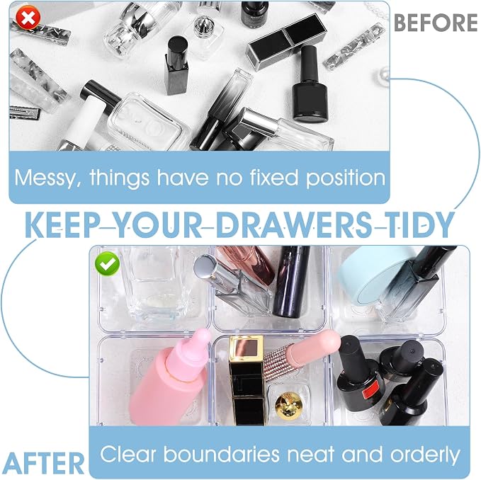 24 Pcs Clear Drawer Organizers 3" x 3" x 2" Stackable Small Makeup Vanity Storage Bins Small Desk Drawer Organization Clear Container Dividers for Makeup Vanity Office Bathroom Kitchen Utensil