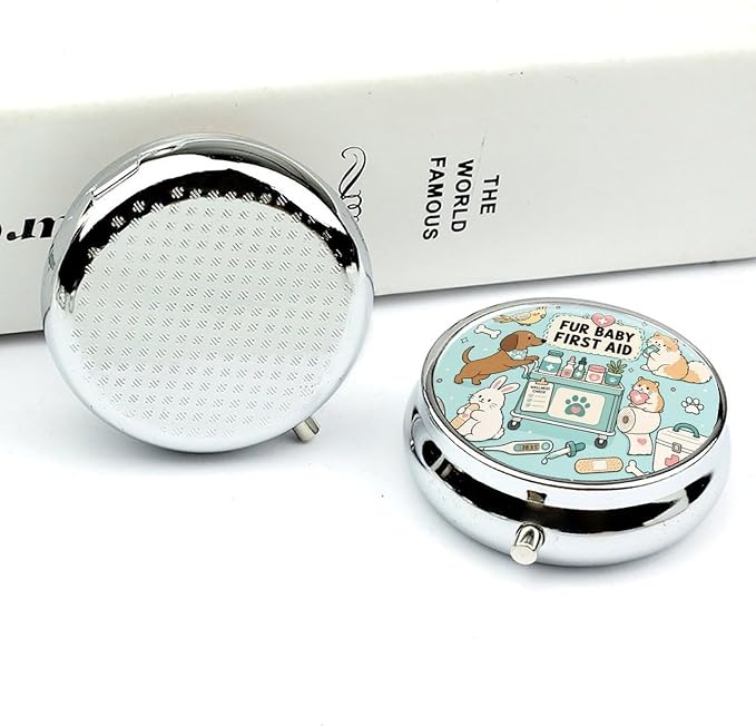 Cute Pet First Aid Essentials Round Pill Box with 3 Compartments, Portable Travel Pill Organizer with Spring Snap Closure for Vitamins Supplements Fish Oil