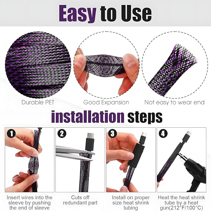 Tatuo 65.6 ft Braided Cable Sleeve Expandable Wire Sheathing (Purple) | with 120 Heat Shrink Tubing 1/4 in 2/5 in 1/2 in 3/4 in Wire Sleeve Cord Management for Television Audio Computer Video Pets