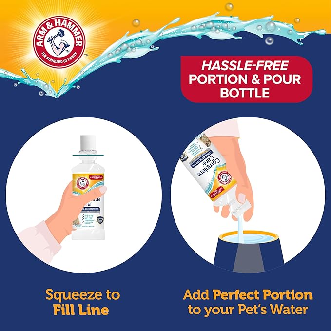 Arm & Hammer Complete Care Dental Water Additive for Dogs, Easy Portion Bottle 16 Fl Oz, Dog Breath Freshener, Odorless and Flavorless, Baking Soda Enhanced for Tartar Control