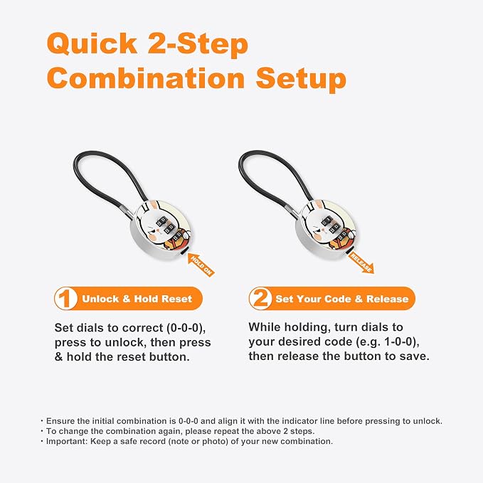 Small Combination Lock for Luggage, Gym Locker, Backpack Bag Zipper, Mini Combo Lock with Code, 5.12 Inch Steel Cable Padlock for Travel Suitcase (4-Cat&Rabbit, Cool)