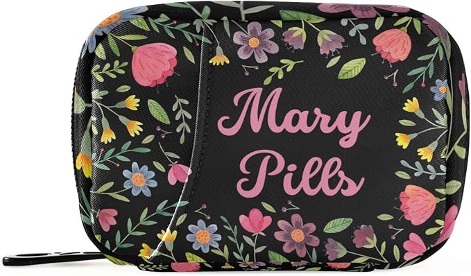 Custom Pill Box 7 Day Pill Case Bag Floral Flowers Personalized Name Travel Pill Organizer Bag with Zipper Portable Weekly Case Compact Size for Vitamin Supplement Holder