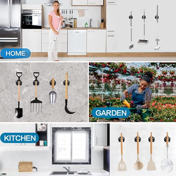 JAMEND CLXP 24 PCS Broom and Mop Holder, Heavy Duty Garden Tool Organizer Rack Rake and Shovel Handle, Stainless Steel Mop Hanger. Wall Mounted Utility Rack with Screws, Silver.