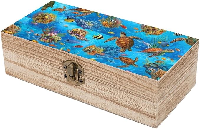 Wooden Memory Box with Lid Decorative Keepsake Box, Sea Turtle Ocean Animal | Turtles Storage Containers Wedding Birthday Gift Box Jewelry Organizer, 9.2x5.5x3.9 Inch