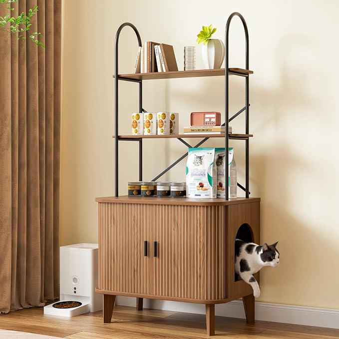 Cat Litter Box Enclosure Furniture,Hidden Litter Box Furniture Fit Most of Litter Boxes,Cat Washroom Cabinet and Pet House with Metal Frame for Living Room