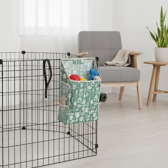 1 Pack Hanging Pet Fence Storage Bag, Vertical Mesh Organizer for Dog Playpen Accessories, Polyester Pocket for Treats and Toys
