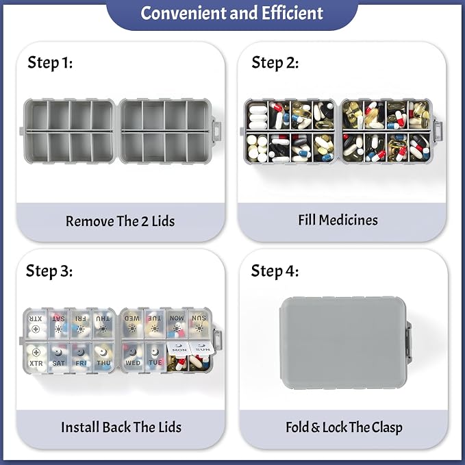 Foldable & Portable Pill Organizer 2 Times A Day with Extra Compartments - Etched Labels - Weekly 7 Day AM PM Medicine Box, Week Daily Travel Pill Case Holder Dispenser for Vitamin, Supplement - Grey