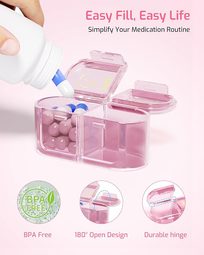 Daviky Pill Organizer 2 Times a Day, AM PM Pill Organizer Box Weekly 7 Day | Portable Travel Pill Organizer, Cute & Compact, Easy-Open Large Compartments, Reusable for Pills, Vitamins & Supplements