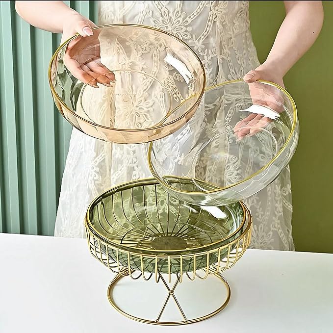 Transparent PET base fruit platter gold stand metal frame snack dessert tray plate, home creative modern living room fruit bowl stand (Transparent)