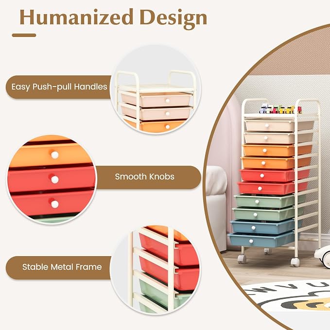 10 Drawer Rolling Storage Cart, Organization Cart with Drawers for Craft Makeup Paper Tool Art Supply, Versatile Utility Cart on Wheels for Home Office Classroom School (Macaron Multicolor)