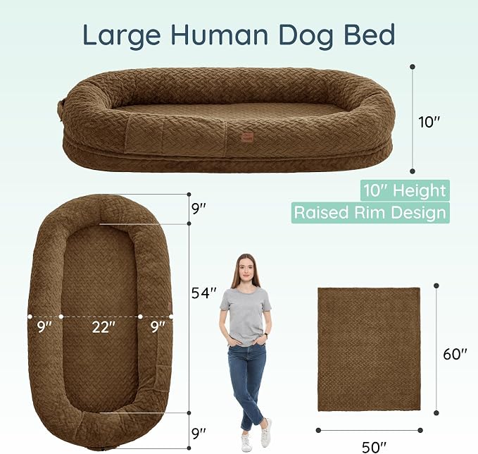 ChiXnuggle Orthopedic Human Dog Bed,with Faux Fur Washable Cover,Blanket | brown,72*40*10,giant dog bed for adult or extra large dogs,egg crate foam,non-slip bottom