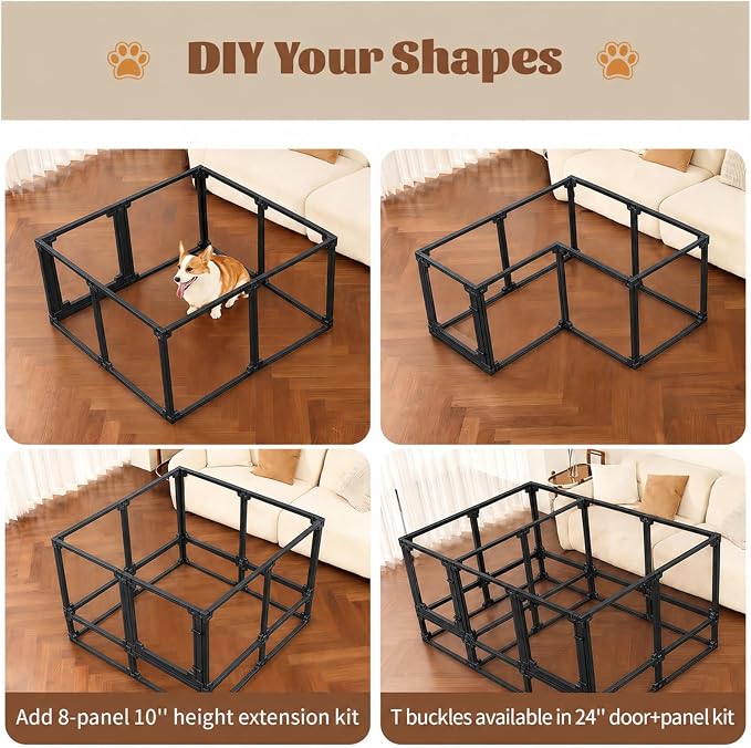 FlexiSpace Adjustable Clear Dog Play Pen, Expandable & Stackable Acrylic Dog Playpen, ONLY Dog Play Pen Indoors Grow with Your Pet Puppy Playpen (Black, 10", 10 Panels)