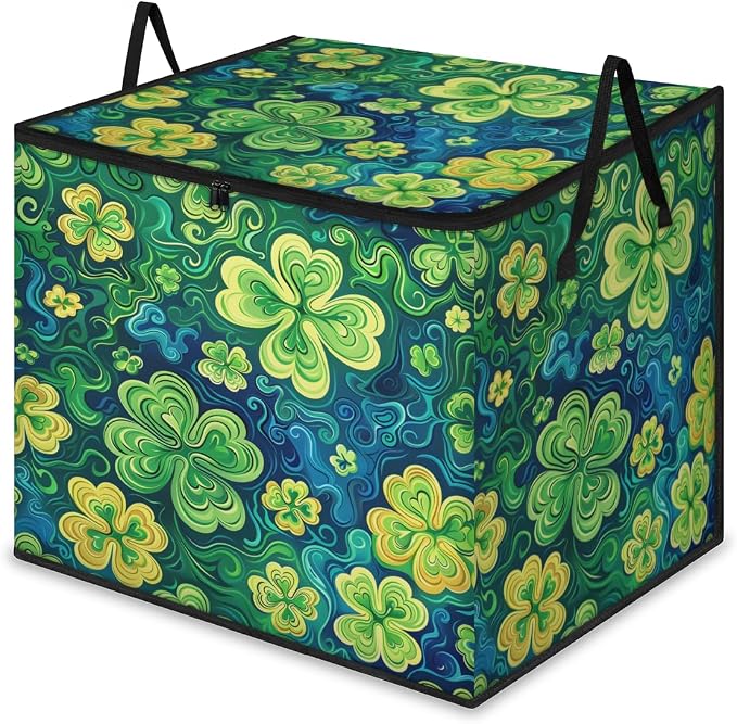 St Patricks Day Large Storage Bags, Fabric Bed Storage Containers, Foldable Closet Organizers for Blanket, Clothing, Comforter, Bedding, Lucky Clover Shamrock