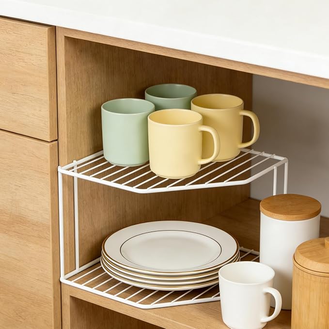 2Pcs 2-Tier Corner Stackable Organizer Shelf - Cabinet Storage Shelf Rack, Shelves，Kitchen Counter and Cabinet Shelf, Storage Rack Organizer for Kitchen(White)